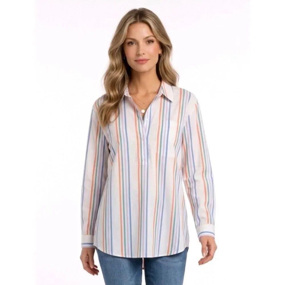 Lands' End Striped Cotton Linen Blend Long Sleeve Half Button Down Tunic Size XL